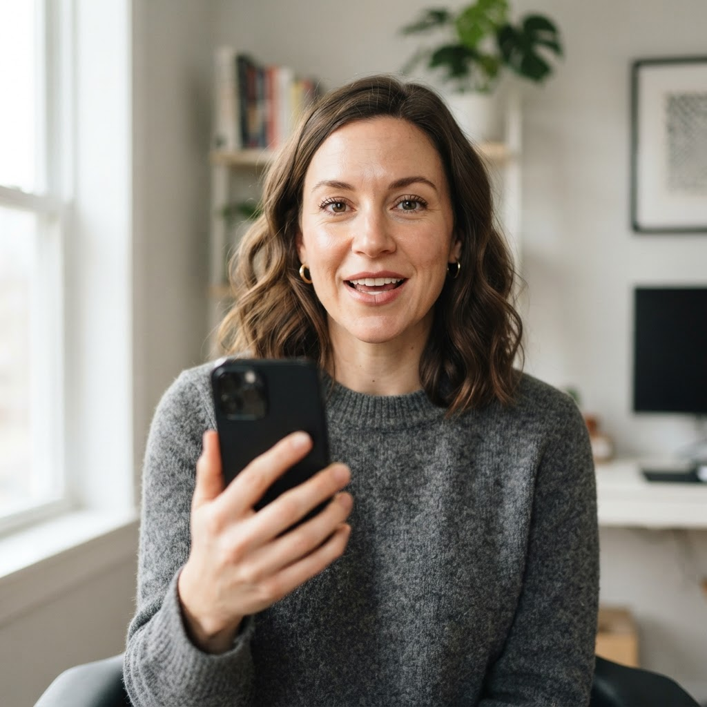 Front camera view of a presenter speaking to the lens